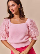 So Me Blush Bouquet Rosette Sleeves Square Neck Sweater Top-Women's Shirts & Tops-Shop Z & Joxa
