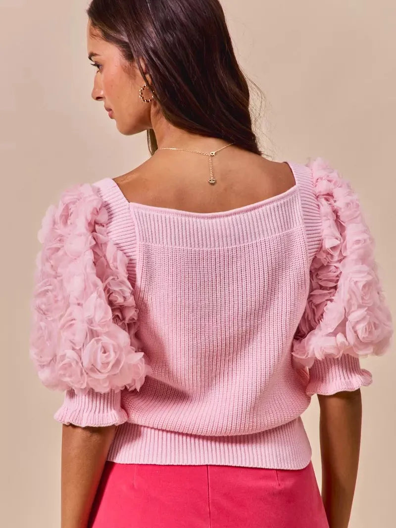 So Me Blush Bouquet Rosette Sleeves Square Neck Sweater Top-Women's Shirts & Tops-Shop Z & Joxa