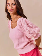 So Me Blush Bouquet Rosette Sleeves Square Neck Sweater Top-Women's Shirts & Tops-Shop Z & Joxa