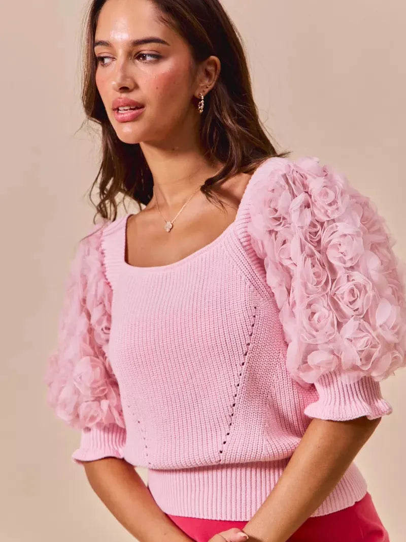 So Me Blush Bouquet Rosette Sleeves Square Neck Sweater Top-Women's Shirts & Tops-Shop Z & Joxa