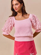 So Me Blush Bouquet Rosette Sleeves Square Neck Sweater Top-Women's Shirts & Tops-Shop Z & Joxa
