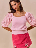So Me Blush Bouquet Rosette Sleeves Square Neck Sweater Top-Women's Shirts & Tops-Shop Z & Joxa