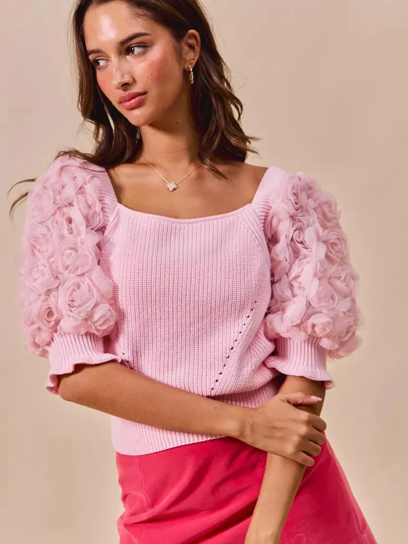 So Me Blush Bouquet Rosette Sleeves Square Neck Sweater Top-Women's Shirts & Tops-Shop Z & Joxa