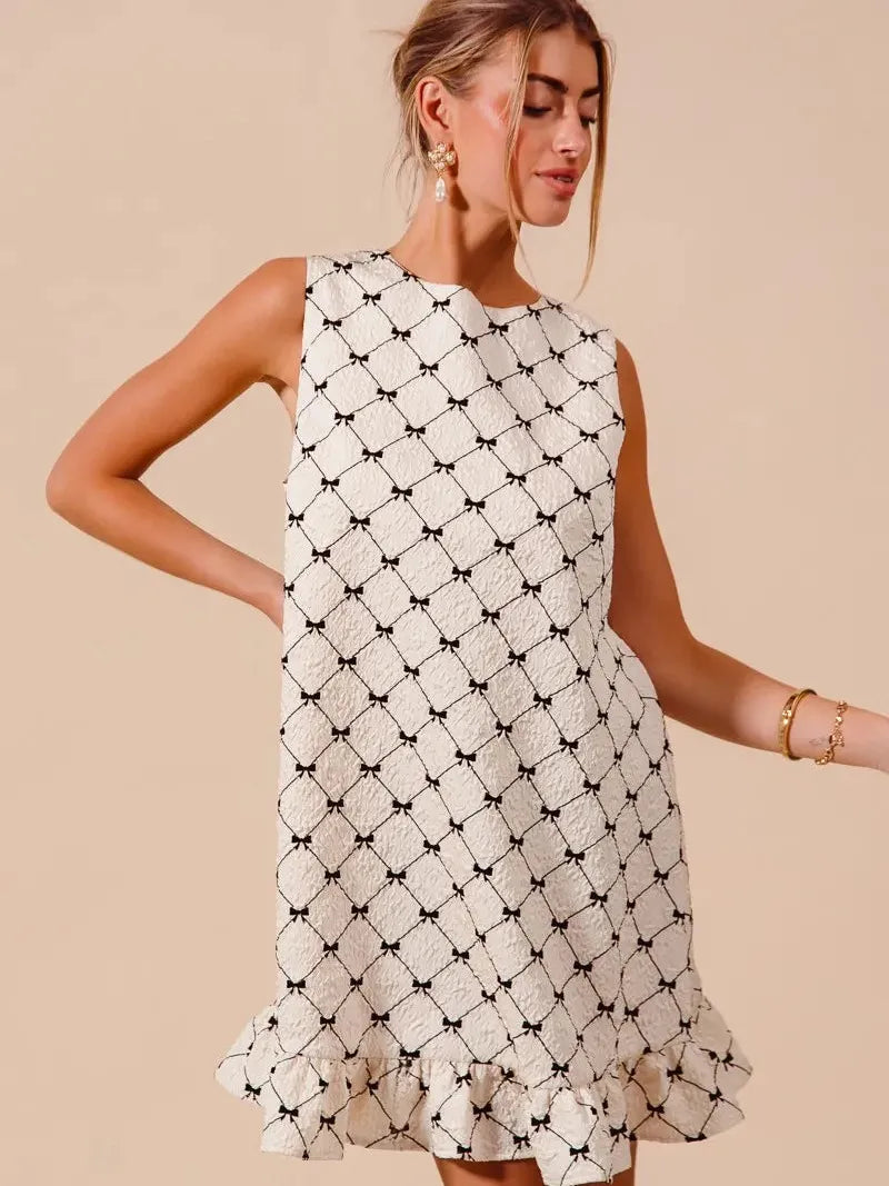 So Me Bow & Behold Textured Bow Printed Mini Ruffle Dress-Women's Dresses-Shop Z & Joxa