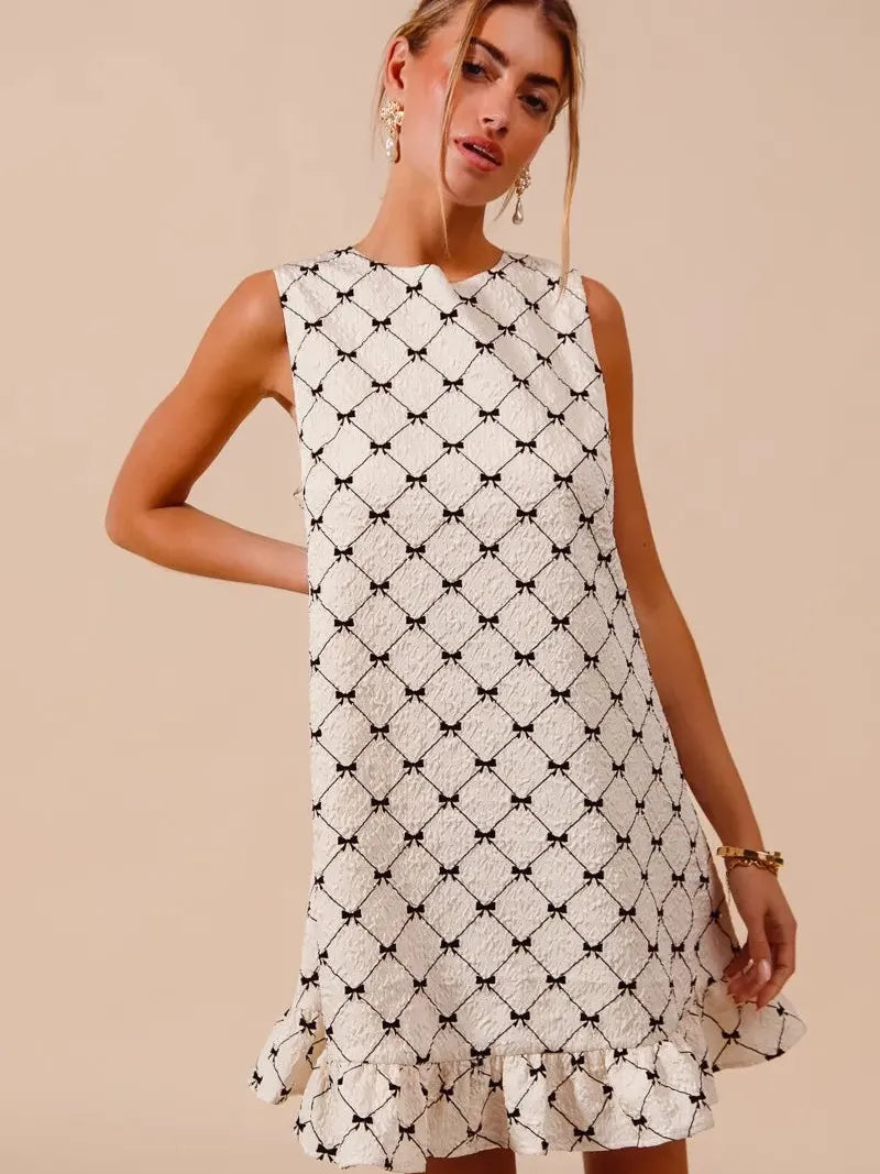 So Me Bow & Behold Textured Bow Printed Mini Ruffle Dress-Women's Dresses-Shop Z & Joxa