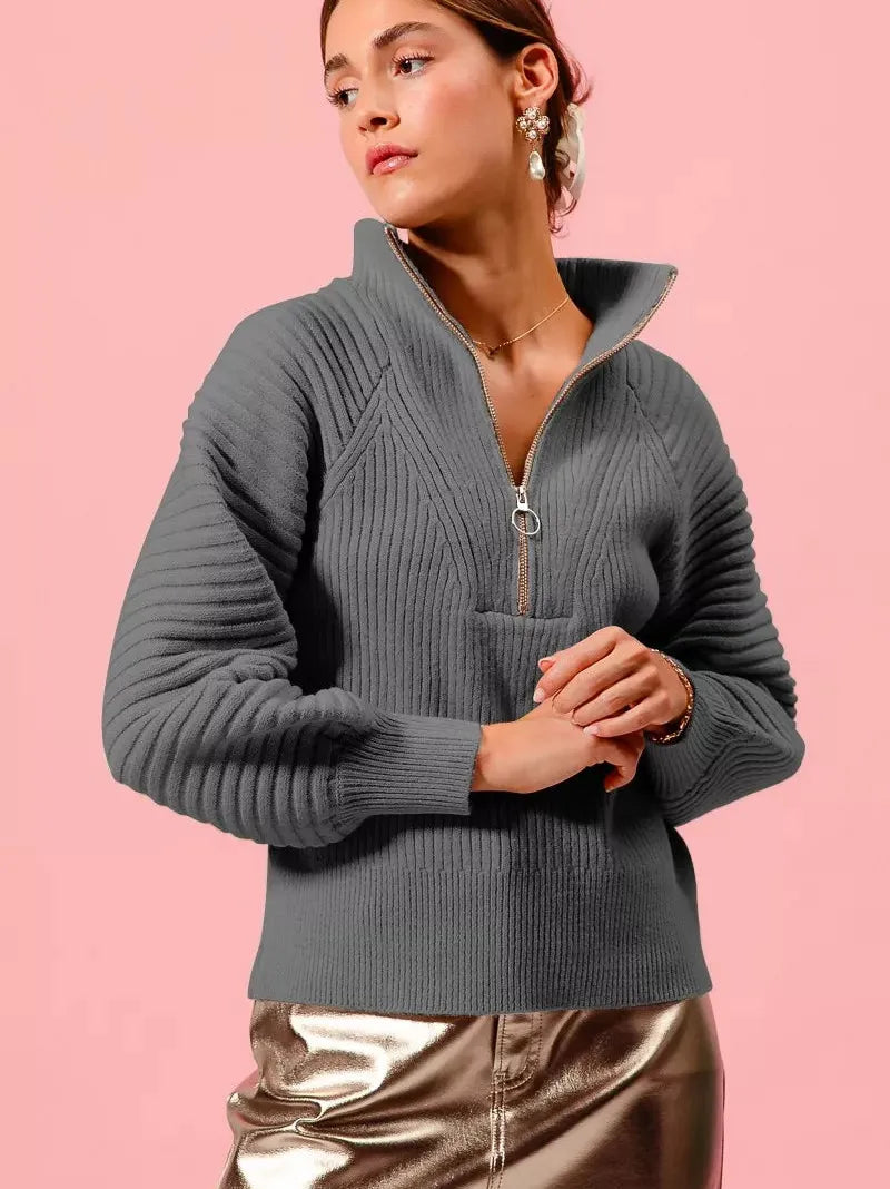 So Me Charcoal Chic Half Zip Raglan Ribbed Sweater-Women's Shirts & Tops-Shop Z & Joxa