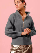 So Me Charcoal Chic Half Zip Raglan Ribbed Sweater-Women's Shirts & Tops-Shop Z & Joxa