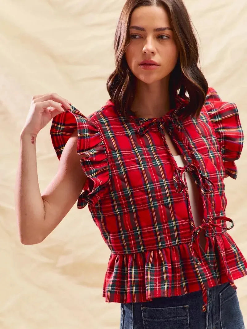So Me Cheerful Layers Plaid Ruffled Quilted Vest Top-Women's Shirts & Tops-Shop Z & Joxa