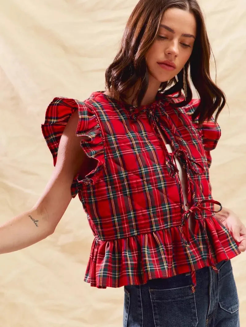 So Me Cheerful Layers Plaid Ruffled Quilted Vest Top-Women's Shirts & Tops-Shop Z & Joxa