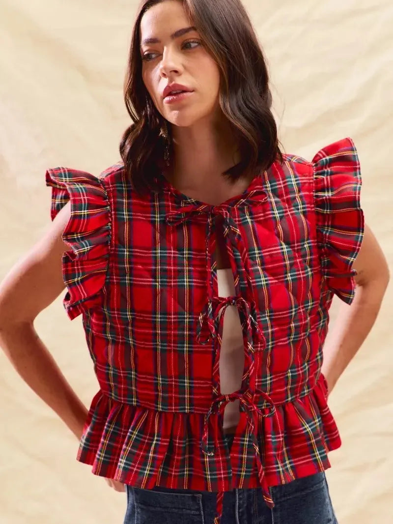 So Me Cheerful Layers Plaid Ruffled Quilted Vest Top-Women's Shirts & Tops-Shop Z & Joxa