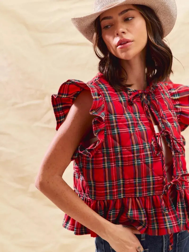So Me Cheerful Layers Plaid Ruffled Quilted Vest Top-Women's Shirts & Tops-Shop Z & Joxa