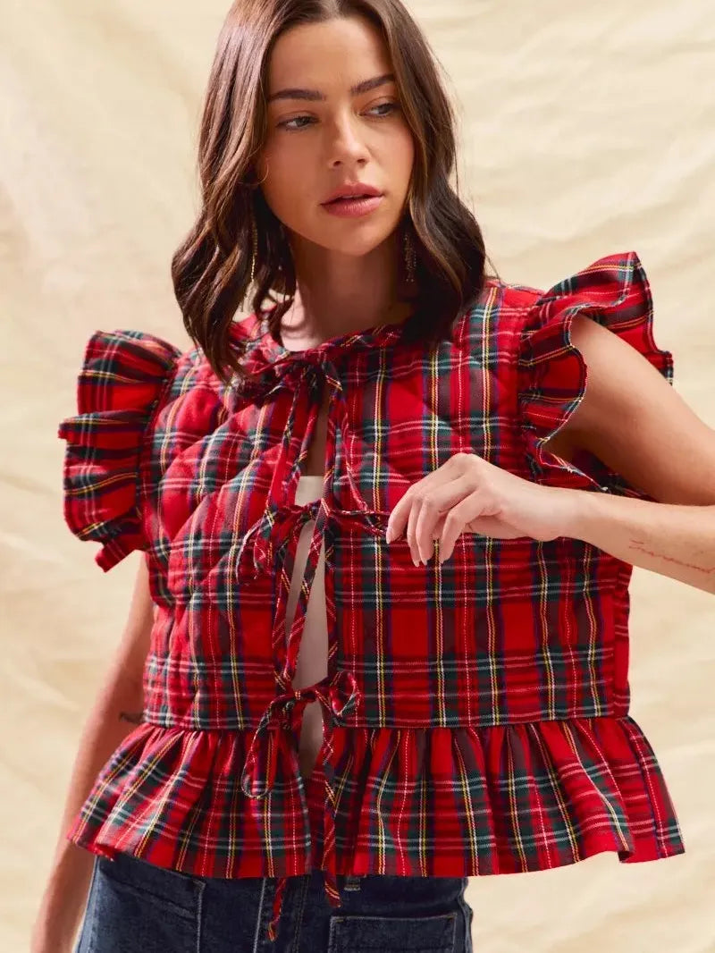 So Me Cheerful Layers Plaid Ruffled Quilted Vest Top-Women's Shirts & Tops-Shop Z & Joxa