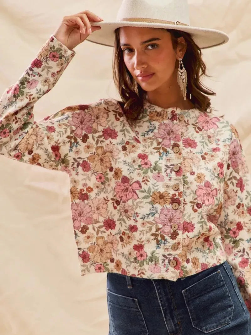 So Me Clay Rose Garden Floral Print Button up Sweater Cardigan-Women's Shirts & Tops-Shop Z & Joxa