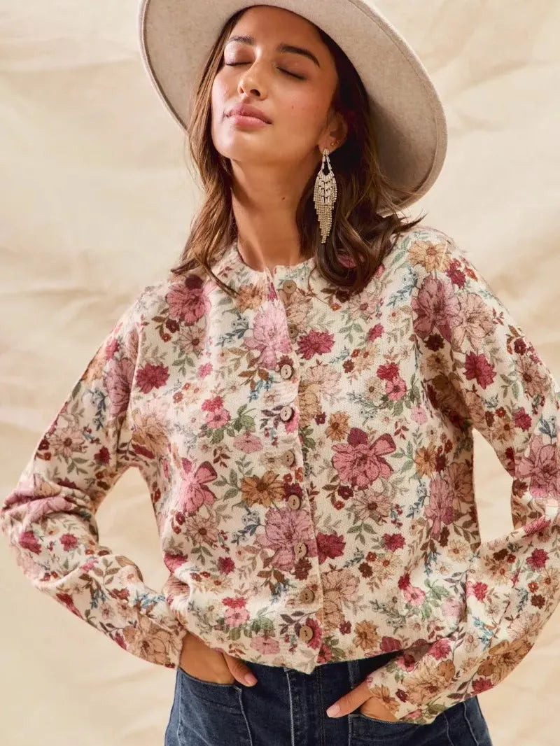 So Me Clay Rose Garden Floral Print Button up Sweater Cardigan-Women's Shirts & Tops-Shop Z & Joxa