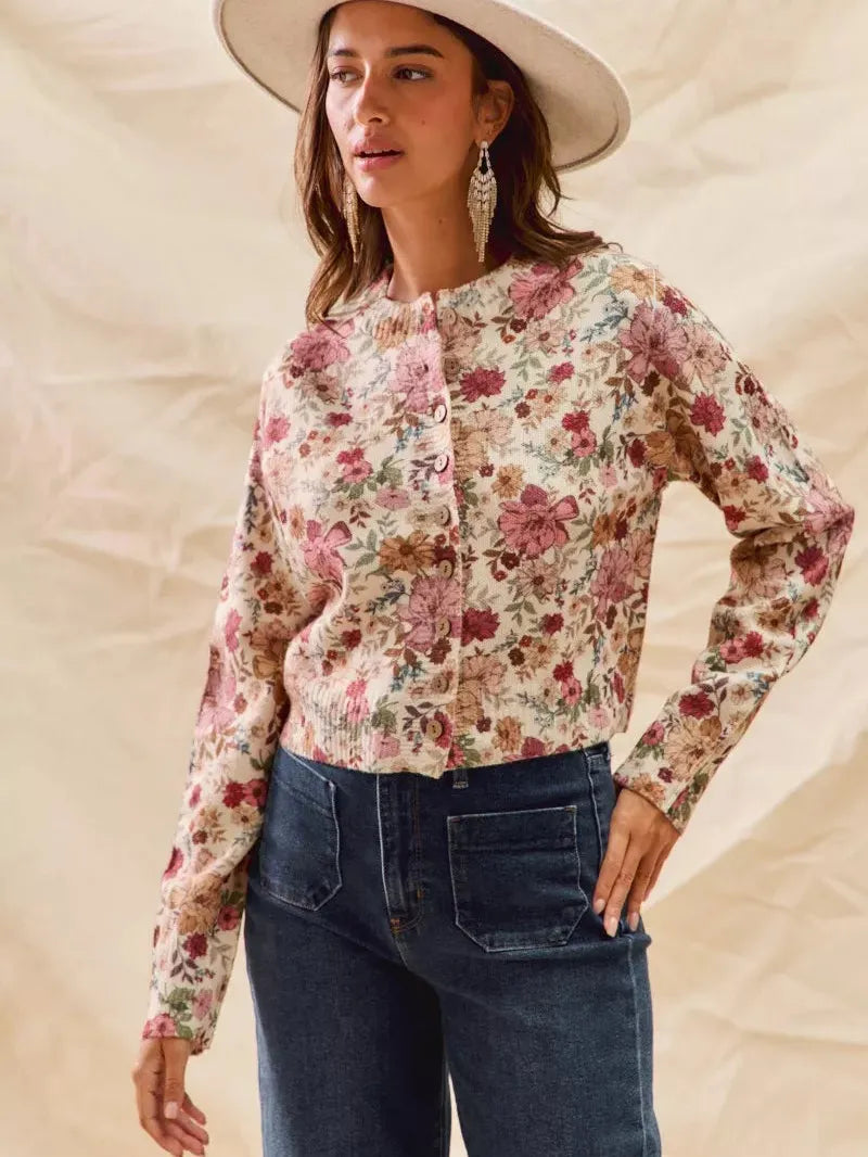 So Me Clay Rose Garden Floral Print Button up Sweater Cardigan-Women's Shirts & Tops-Shop Z & Joxa