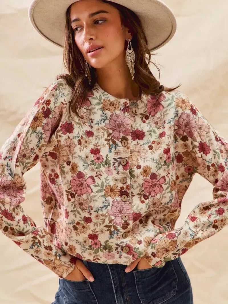 So Me Clay Rose Garden Floral Print Button up Sweater Cardigan-Women's Shirts & Tops-Shop Z & Joxa
