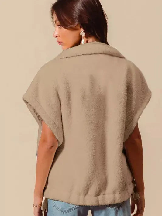 So Me Cuddle Rush Sleeveless Sherpa Vest in Almond-Women's Shirts & Tops-Shop Z & Joxa