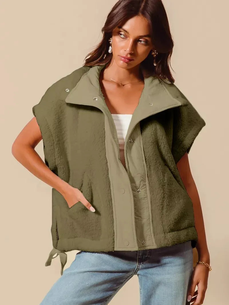 So Me Cuddle Rush Sleeveless Sherpa Vest in Olive-Women's Shirts & Tops-Shop Z & Joxa