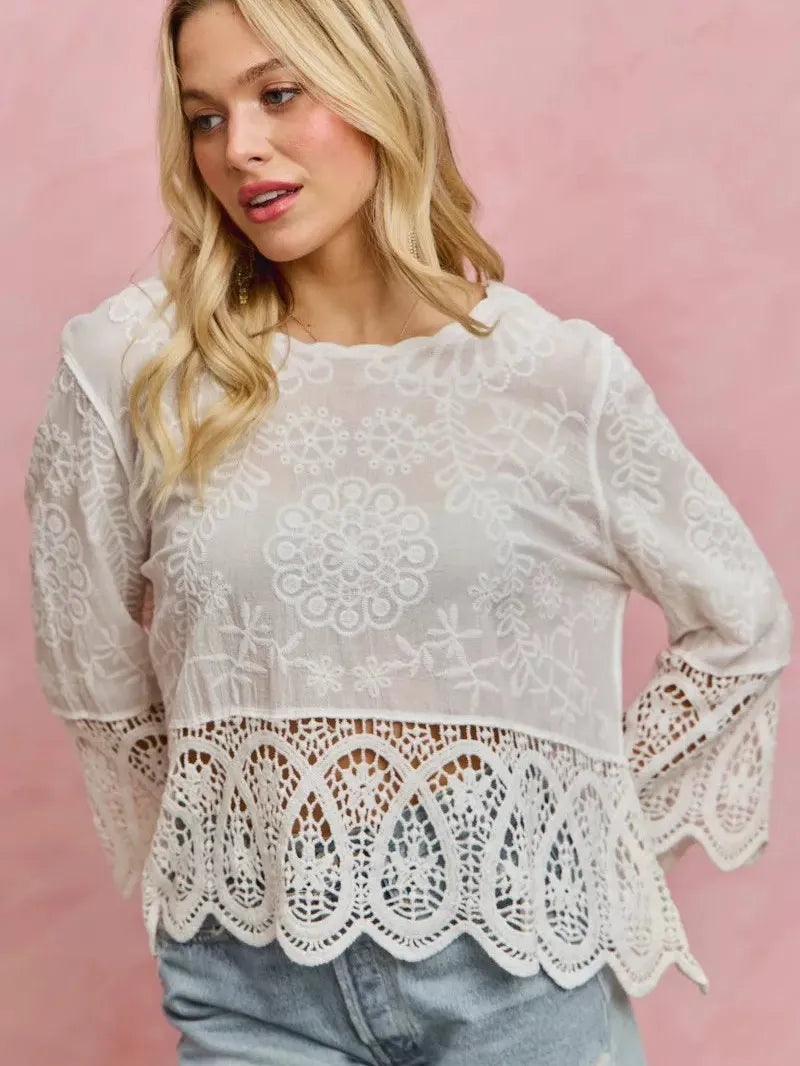 So Me Embroidered Elegance Floral Crochet Lace Trimmed Top-Women's Shirts & Tops-Shop Z & Joxa