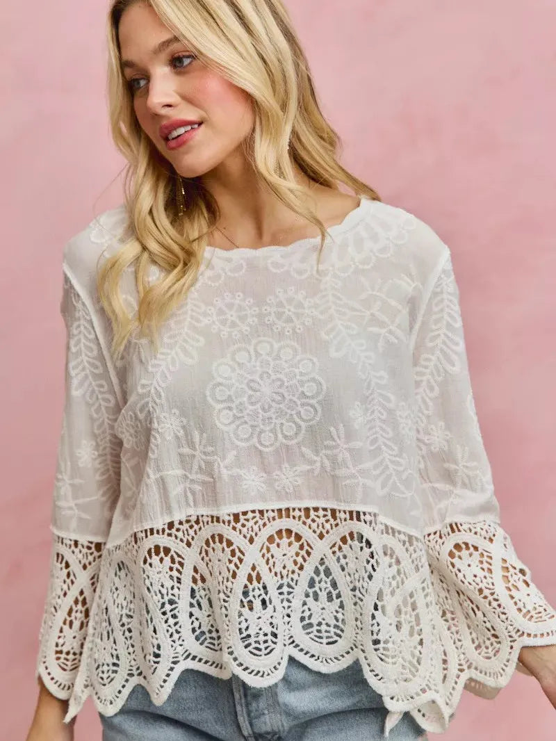 So Me Embroidered Elegance Floral Crochet Lace Trimmed Top-Women's Shirts & Tops-Shop Z & Joxa