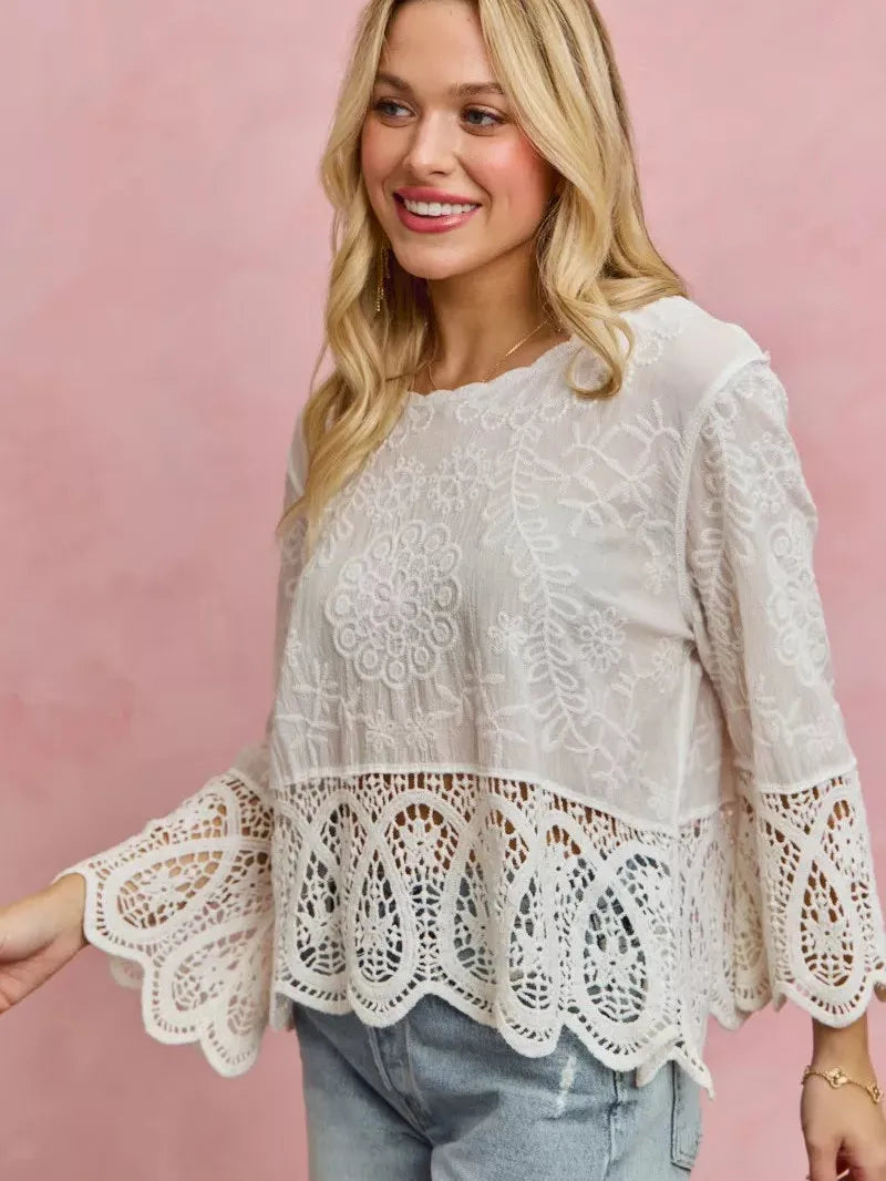 So Me Embroidered Elegance Floral Crochet Lace Trimmed Top-Women's Shirts & Tops-Shop Z & Joxa