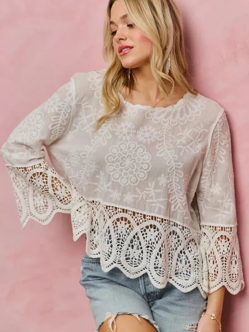 So Me Embroidered Elegance Floral Crochet Lace Trimmed Top-Women's Shirts & Tops-Shop Z & Joxa