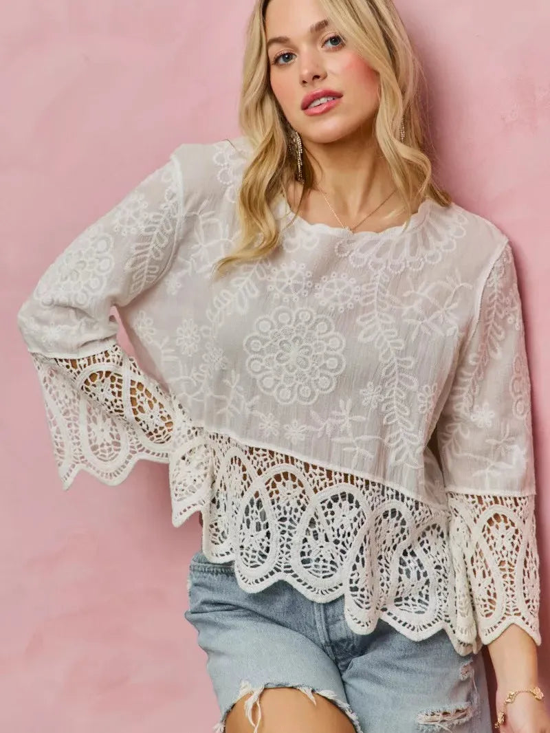 So Me Embroidered Elegance Floral Crochet Lace Trimmed Top-Women's Shirts & Tops-Shop Z & Joxa