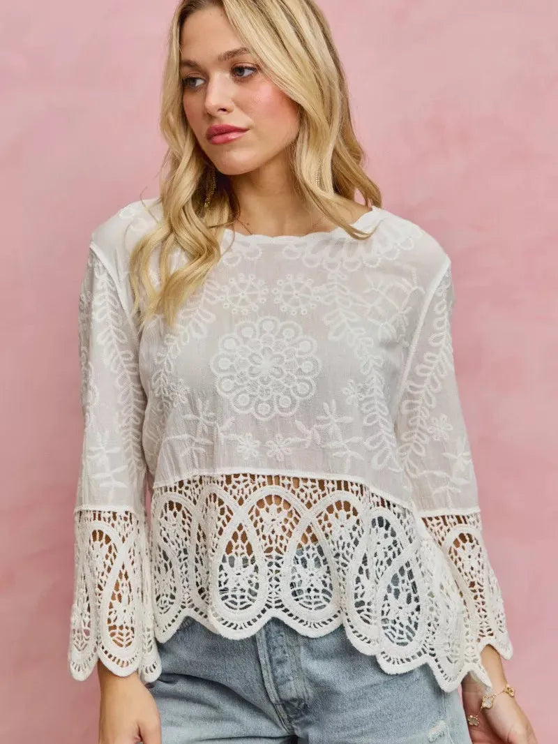So Me Embroidered Elegance Floral Crochet Lace Trimmed Top-Women's Shirts & Tops-Shop Z & Joxa