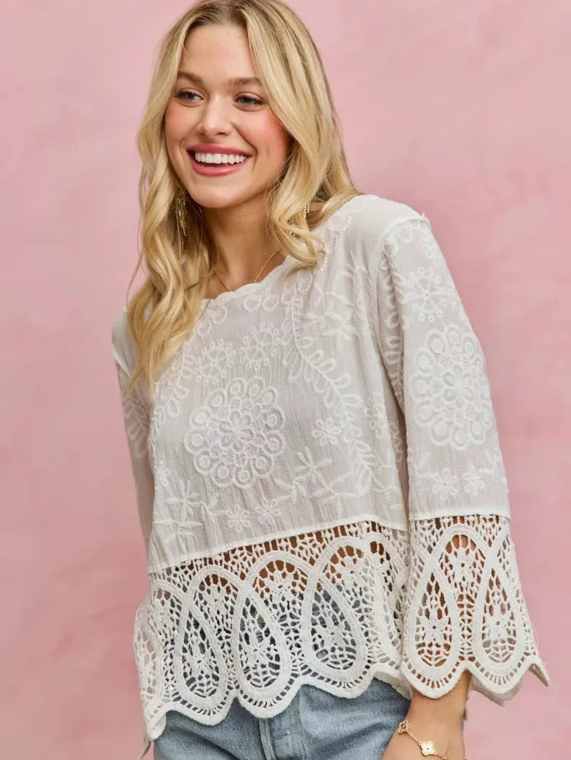 So Me Embroidered Elegance Floral Crochet Lace Trimmed Top-Women's Shirts & Tops-Shop Z & Joxa