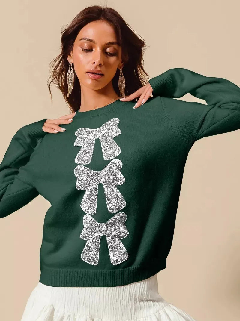 So Me Evergreen Sparkle Bow Sequence Ribbon Christmas Sweater-Women's Shirts & Tops-Shop Z & Joxa