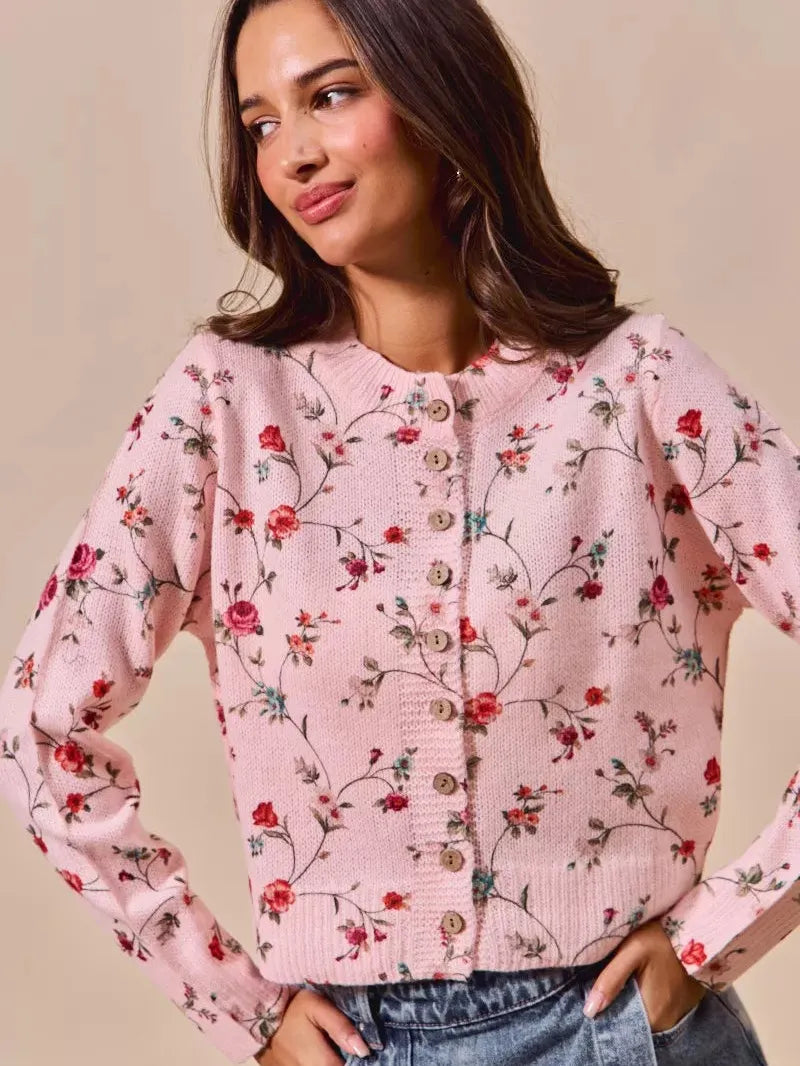 So Me Floral Affair Button Front Sweater Cardigan Top-Women's Shirts & Tops-Shop Z & Joxa
