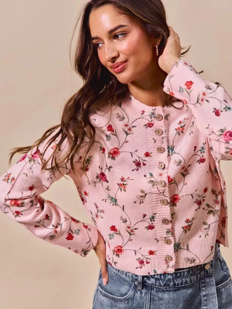 So Me Floral Affair Button Front Sweater Cardigan Top-Women's Shirts & Tops-Shop Z & Joxa