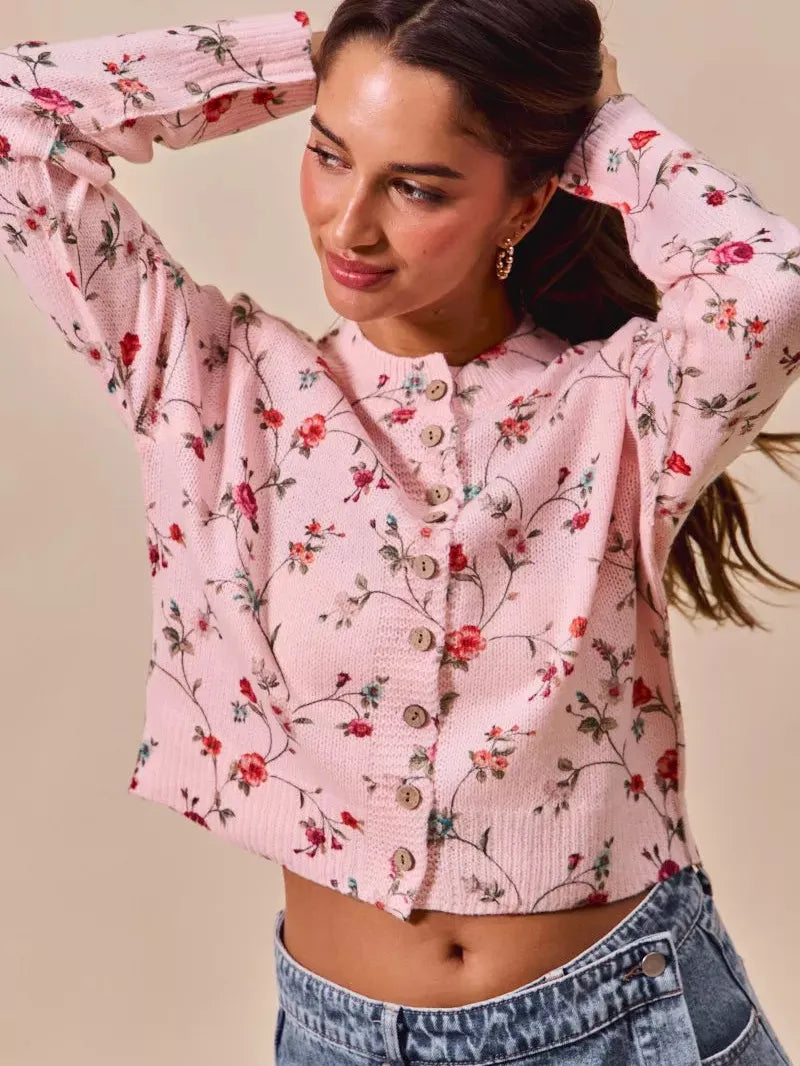 So Me Floral Affair Button Front Sweater Cardigan Top-Women's Shirts & Tops-Shop Z & Joxa