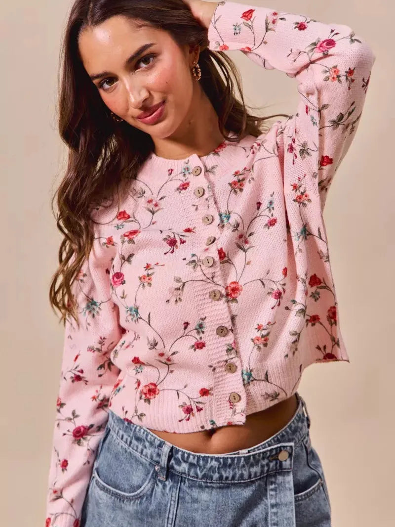 So Me Floral Affair Button Front Sweater Cardigan Top-Women's Shirts & Tops-Shop Z & Joxa