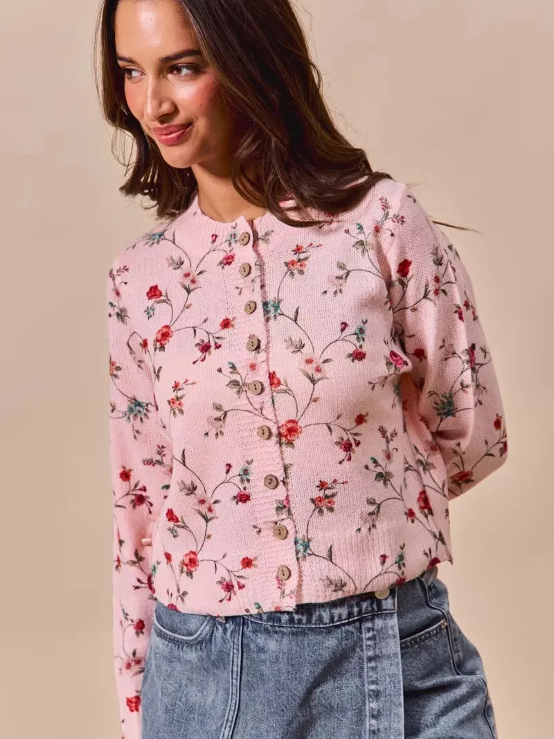 So Me Floral Affair Button Front Sweater Cardigan Top-Women's Shirts & Tops-Shop Z & Joxa