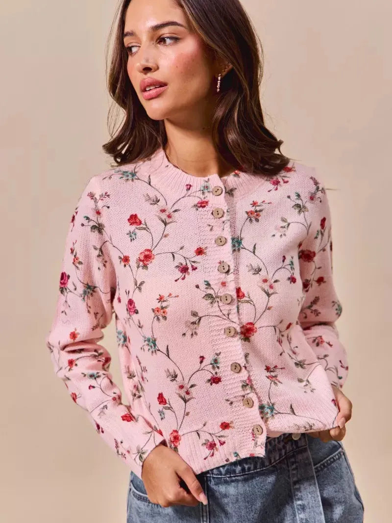 So Me Floral Affair Button Front Sweater Cardigan Top-Women's Shirts & Tops-Shop Z & Joxa