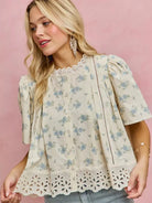 So Me Floral Whispers Print Lace Trim Flutter Sleeves Blouse-Women's Shirts & Tops-Shop Z & Joxa