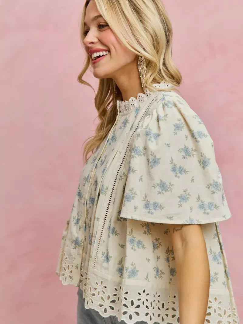 So Me Floral Whispers Print Lace Trim Flutter Sleeves Blouse-Women's Shirts & Tops-Shop Z & Joxa
