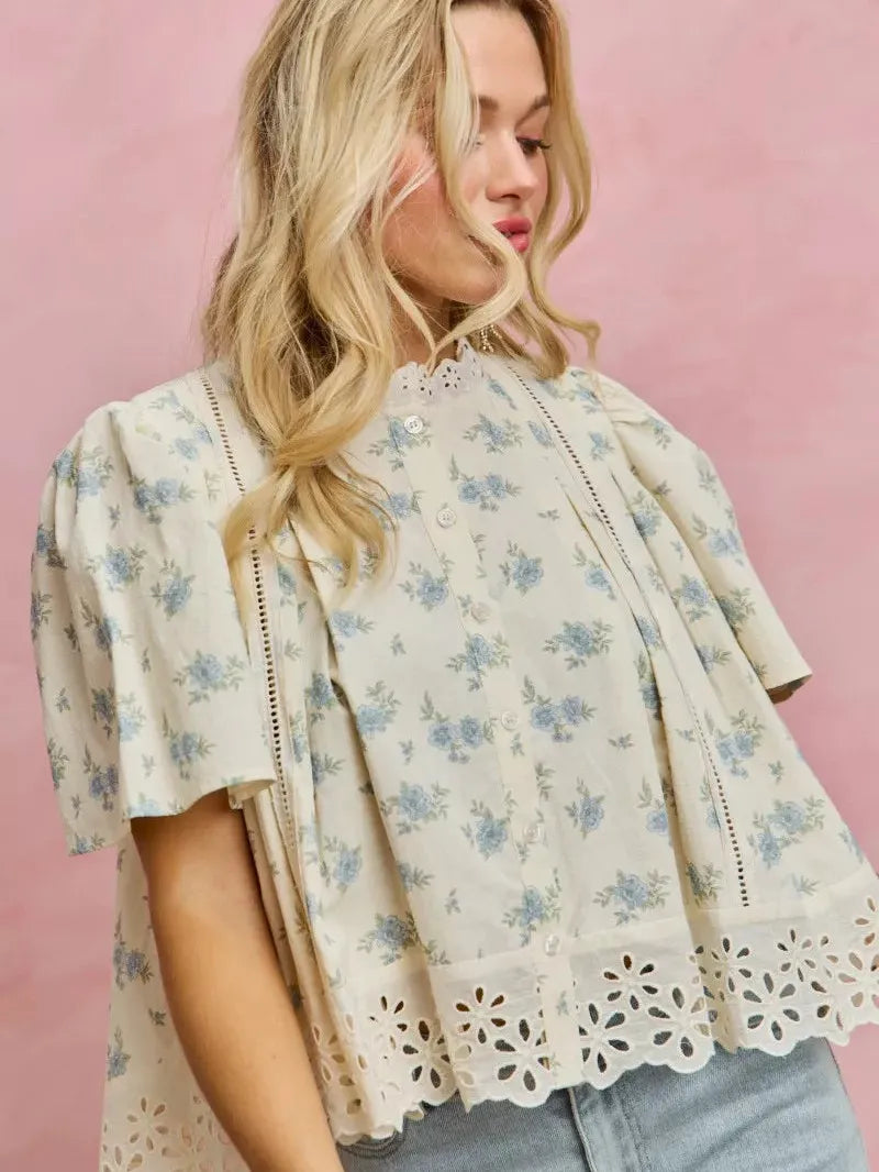 So Me Floral Whispers Print Lace Trim Flutter Sleeves Blouse-Women's Shirts & Tops-Shop Z & Joxa