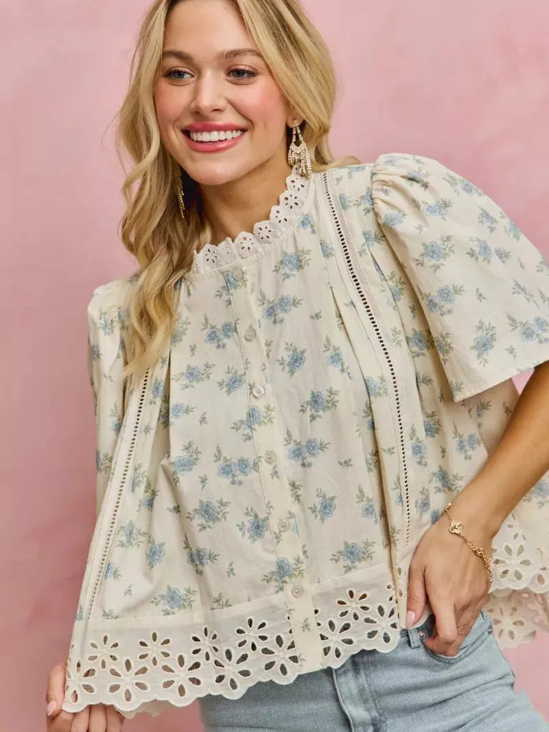 So Me Floral Whispers Print Lace Trim Flutter Sleeves Blouse-Women's Shirts & Tops-Shop Z & Joxa