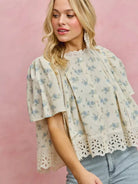 So Me Floral Whispers Print Lace Trim Flutter Sleeves Blouse-Women's Shirts & Tops-Shop Z & Joxa
