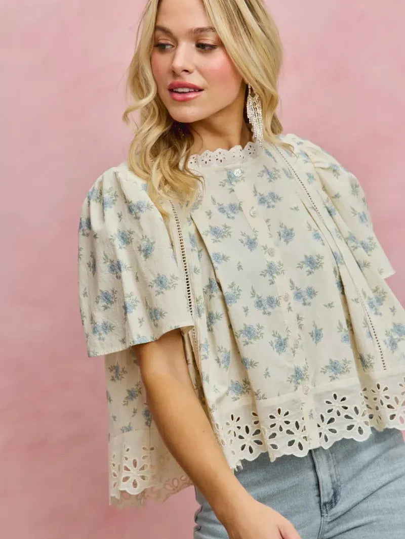 So Me Floral Whispers Print Lace Trim Flutter Sleeves Blouse-Women's Shirts & Tops-Shop Z & Joxa