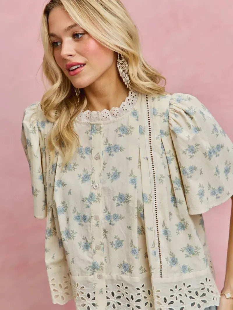 So Me Floral Whispers Print Lace Trim Flutter Sleeves Blouse-Women's Shirts & Tops-Shop Z & Joxa
