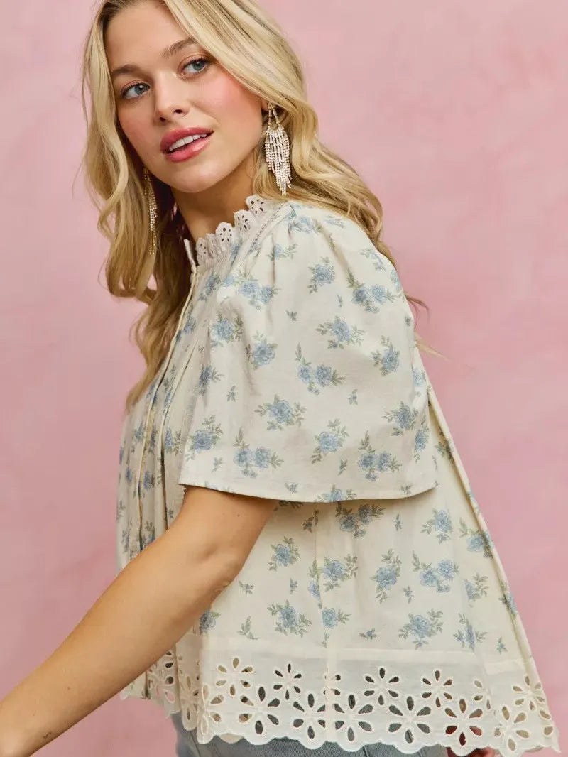 So Me Floral Whispers Print Lace Trim Flutter Sleeves Blouse-Women's Shirts & Tops-Shop Z & Joxa