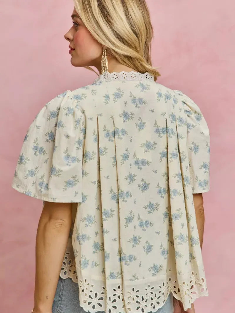 So Me Floral Whispers Print Lace Trim Flutter Sleeves Blouse-Women's Shirts & Tops-Shop Z & Joxa