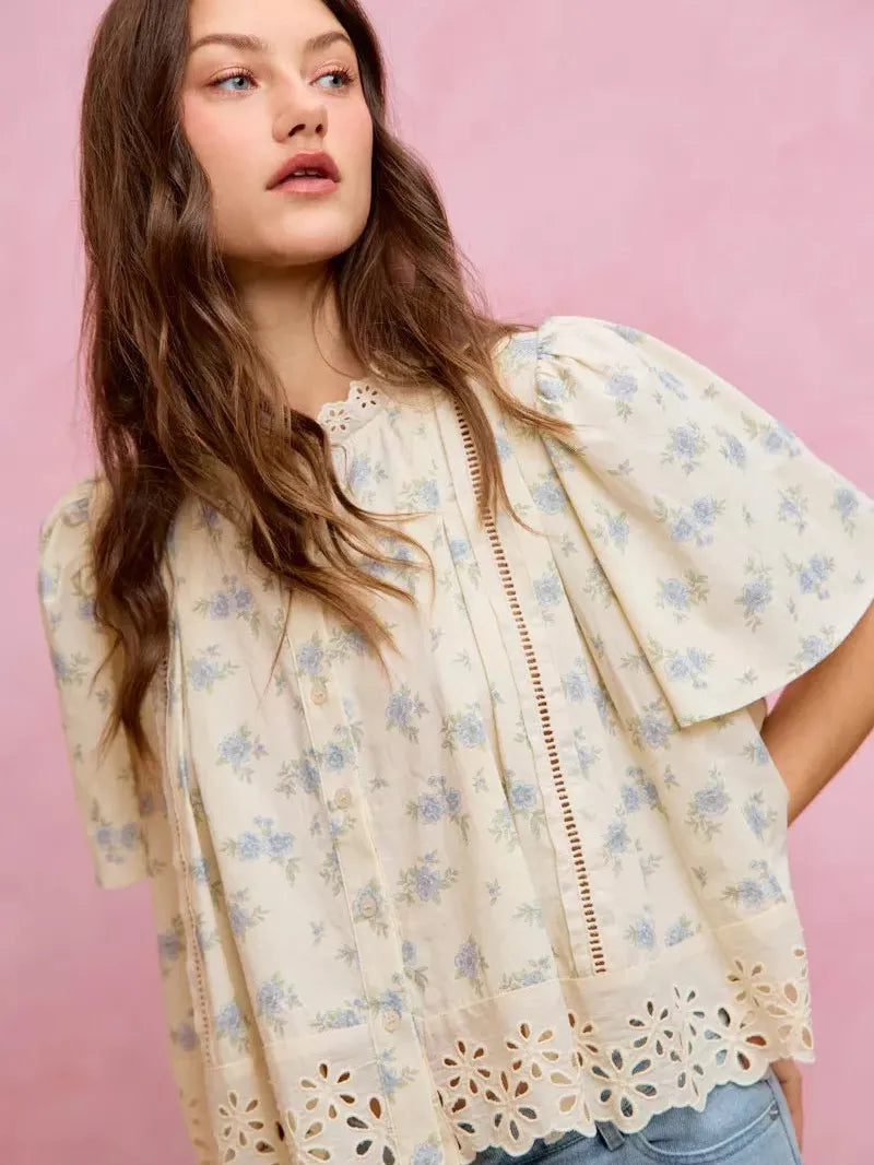So Me Floral Whispers Print Lace Trim Flutter Sleeves Blouse-Women's Shirts & Tops-Shop Z & Joxa
