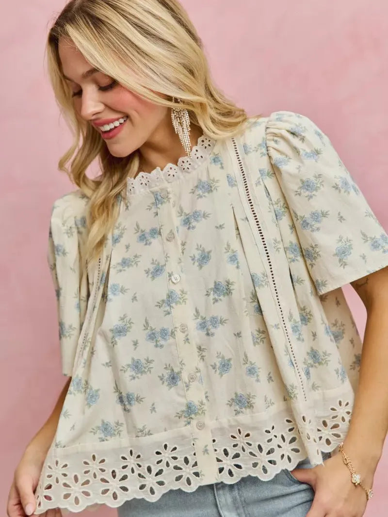 So Me Floral Whispers Print Lace Trim Flutter Sleeves Blouse-Women's Shirts & Tops-Shop Z & Joxa
