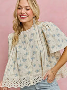 So Me Floral Whispers Print Lace Trim Flutter Sleeves Blouse-Women's Shirts & Tops-Shop Z & Joxa