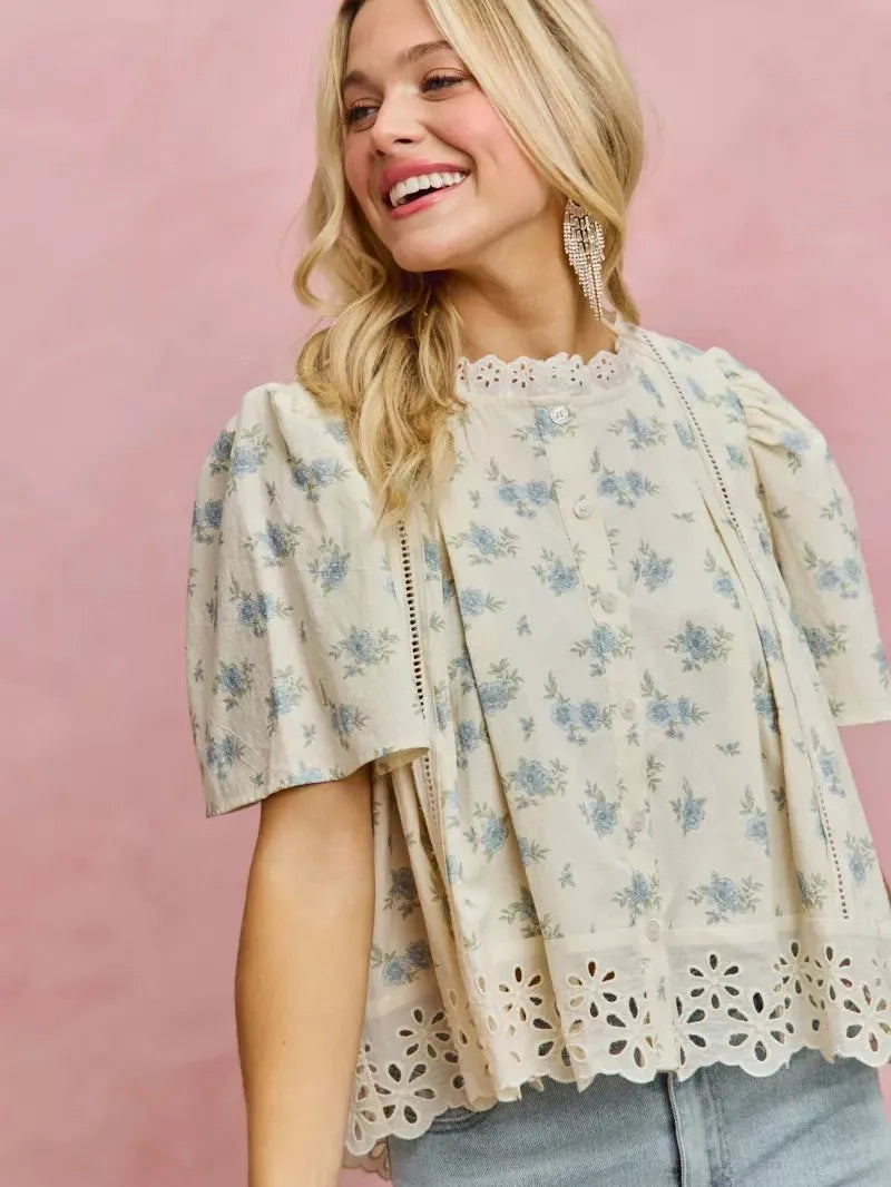 So Me Floral Whispers Print Lace Trim Flutter Sleeves Blouse-Women's Shirts & Tops-Shop Z & Joxa