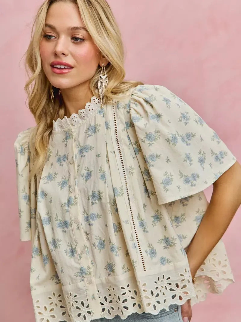 So Me Floral Whispers Print Lace Trim Flutter Sleeves Blouse-Women's Shirts & Tops-Shop Z & Joxa